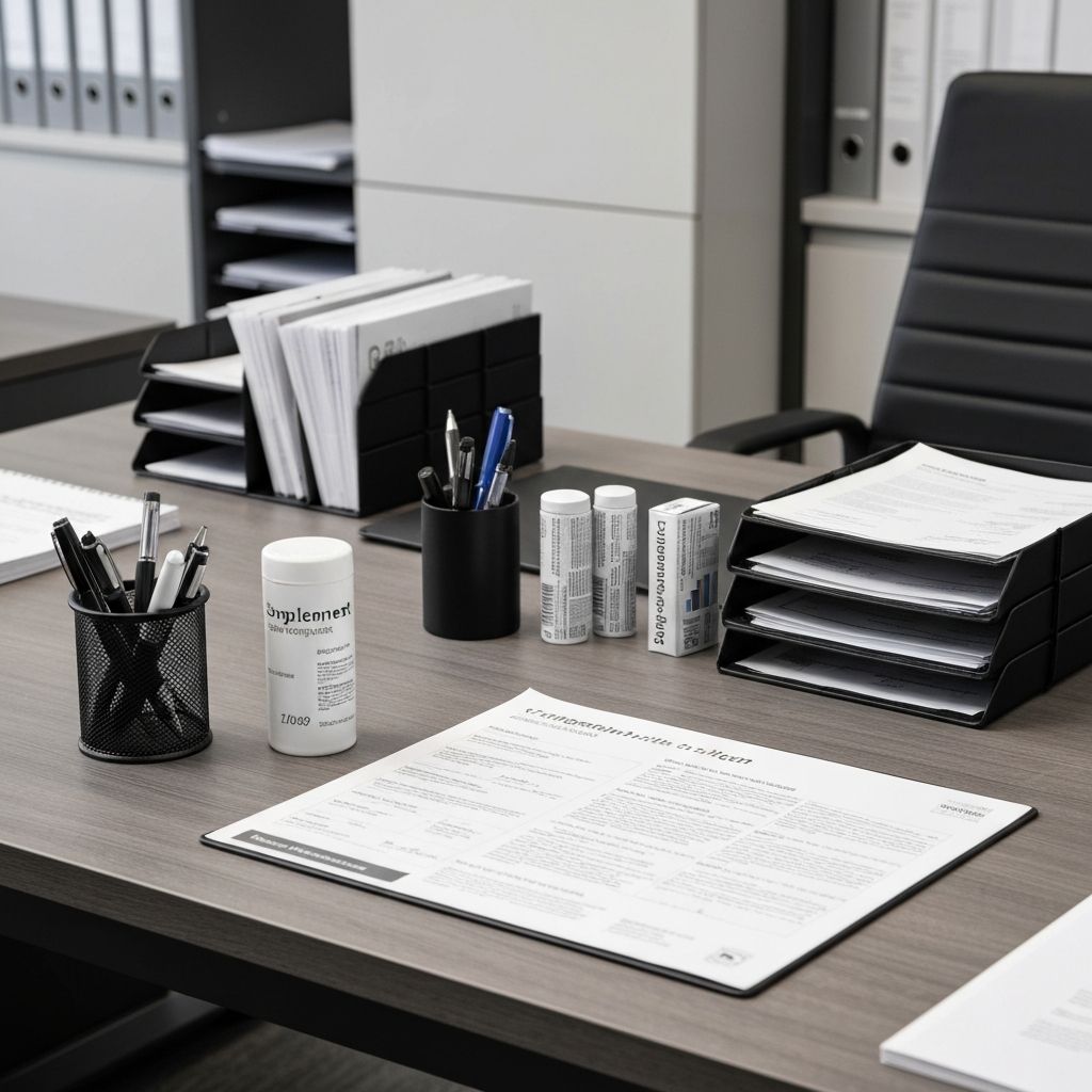 Schreibtisch mit gedruckter Tabelle, Organizer und Supplementbehältern