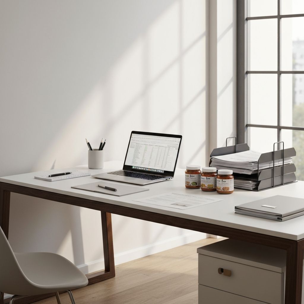 Professioneller Schreibtisch mit Laptop, Dokumenten und Supplementen in natürlichem Licht