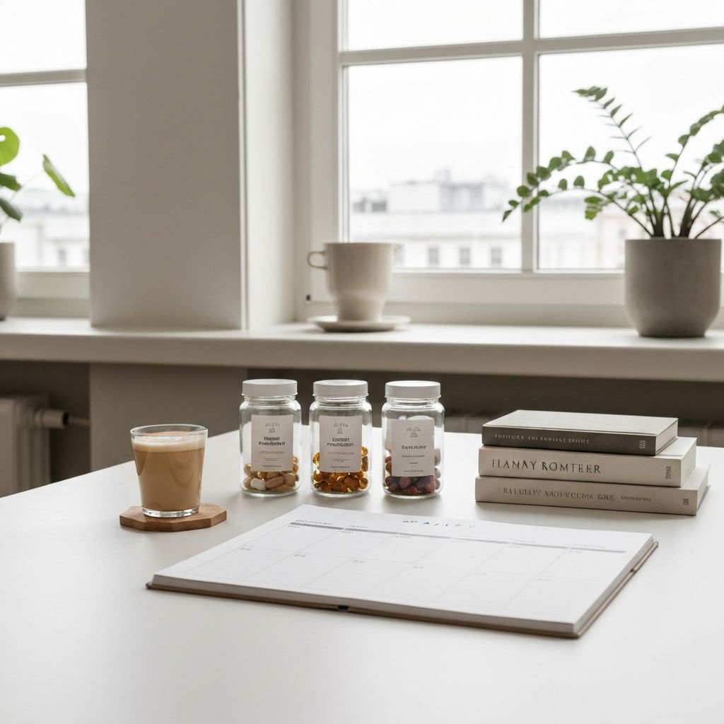 Tagesplaner mit Zeitstrahl und organisierten Supplementgläsern nach Tageszeit